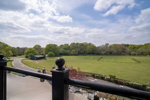 A view from a balcony overlooking a green field with a fence, a building, and trees. - Balmer Lawn Hotel (Brockenhurst)