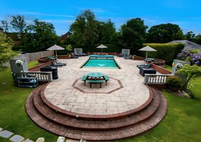 Indoor pool, outdoor pool, open 7:00 AM to 9:00 PM, pool umbrellas