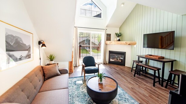 Een ruime woonkamer met een hoge plafond, een open haard, een televisie en een groot raam met uitzicht op een tuin.
