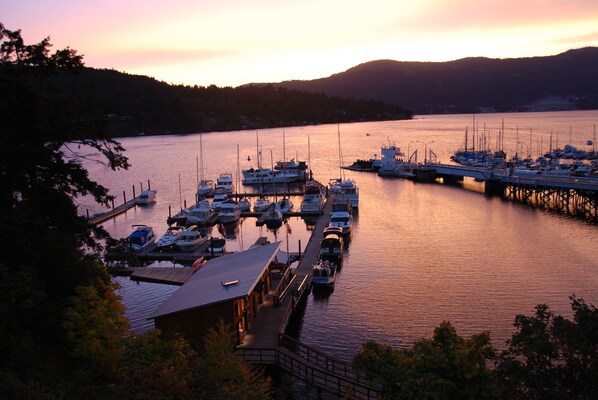 A marina with boats docked at wooden piers, surrounded by trees and hills in the background. - Brentwood Bay Resort - Adults Only (16+) (Brentwood Bay)
