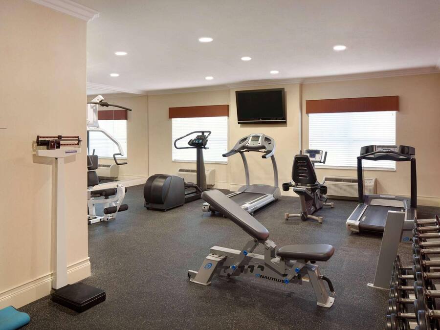 A gym with treadmills, a stationary bike, and free weights.
