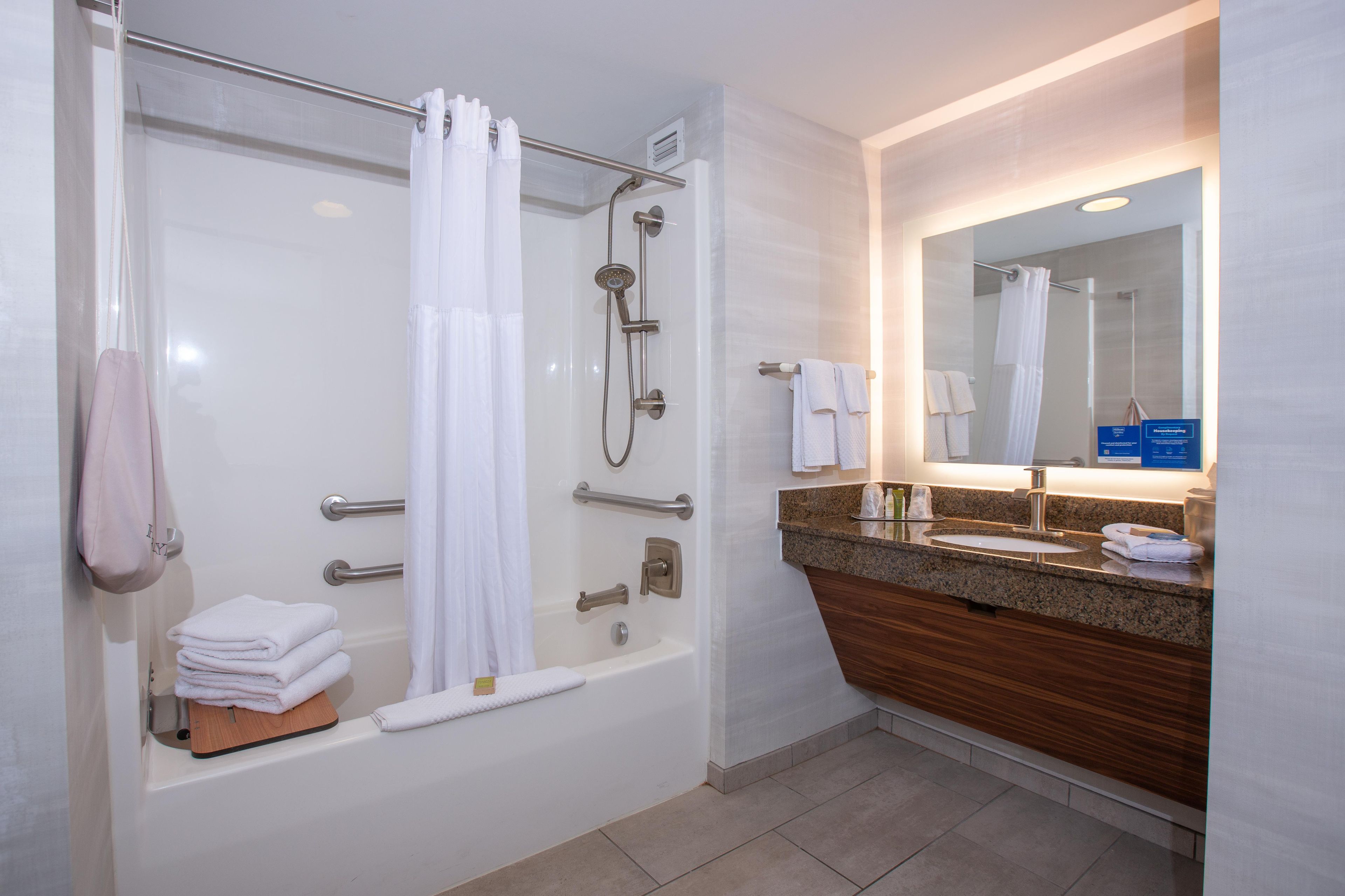 A modern bathroom with a walk-in shower, grab bars, a vanity with a sink, and a mirror.