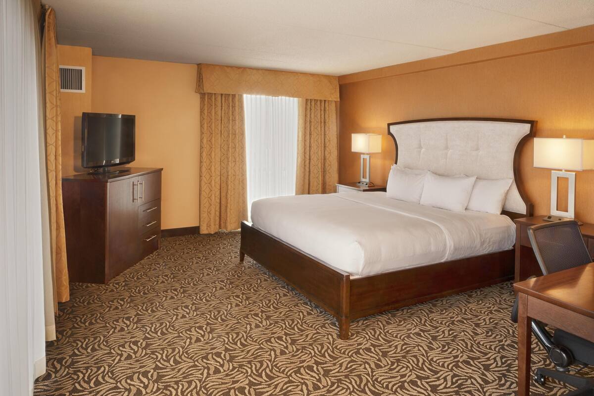 Une chambre d’hôtel avec un grand lit, deux lampes de chevet, un téléviseur posé sur une commode en bois et une moquette à motifs.