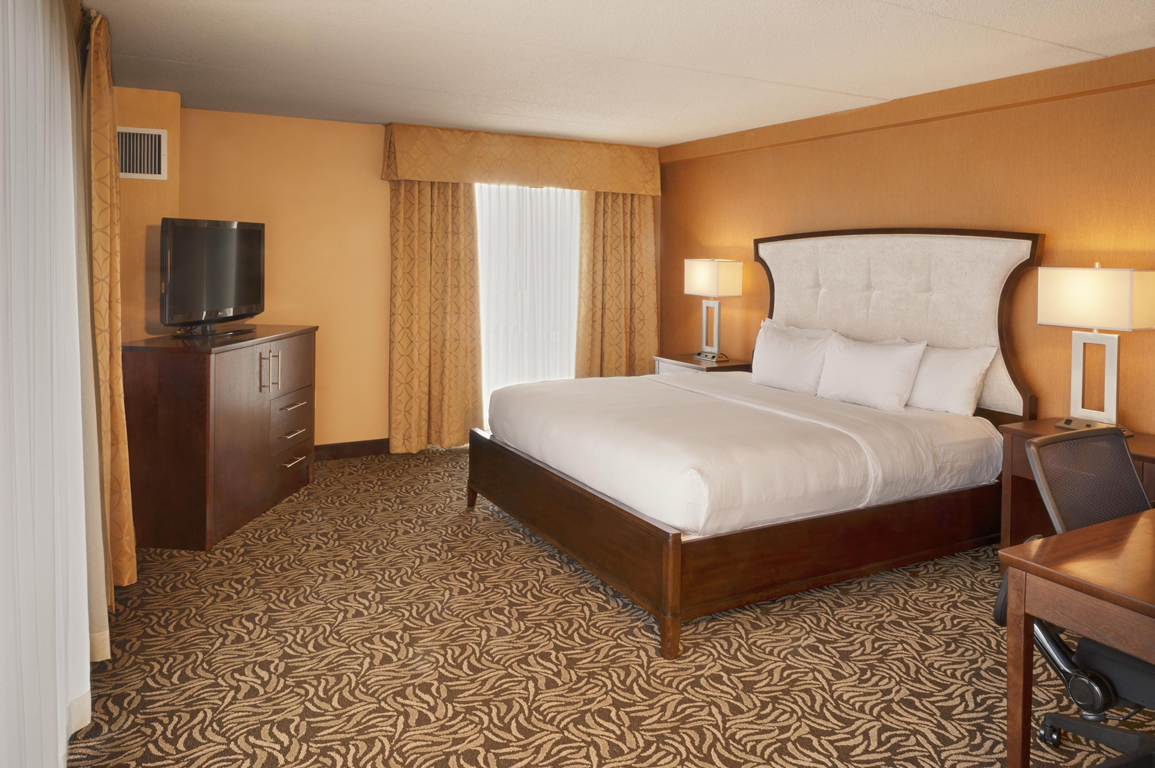 Une chambre d’hôtel avec un grand lit, deux lampes de chevet, un téléviseur posé sur un meuble et une moquette à motifs.