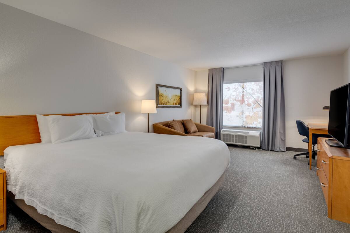 Une chambre d’hôtel avec un grand lit, un bureau équipé d’un ordinateur, une chaise, une lampe et un téléviseur.