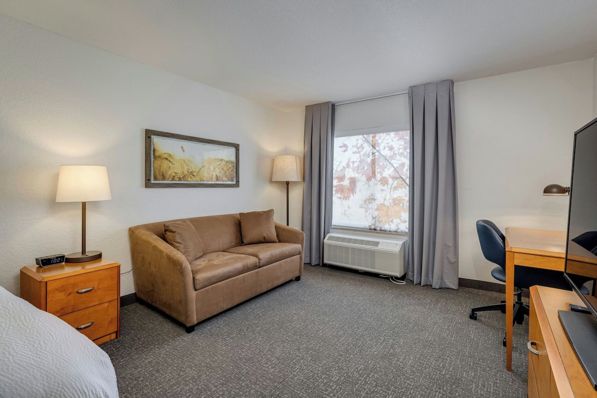 Une chambre d’hôtel avec un canapé en cuir marron, un bureau en bois, une télévision, une lampe, une table de chevet avec des tiroirs, une fenêtre avec des rideaux et un tableau encadré au mur.