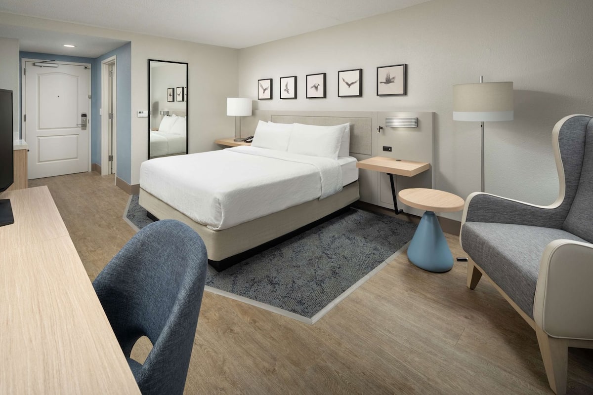 A hotel room with a bed, a desk, a chair, a bedside table, a lamp, and framed pictures on the wall.