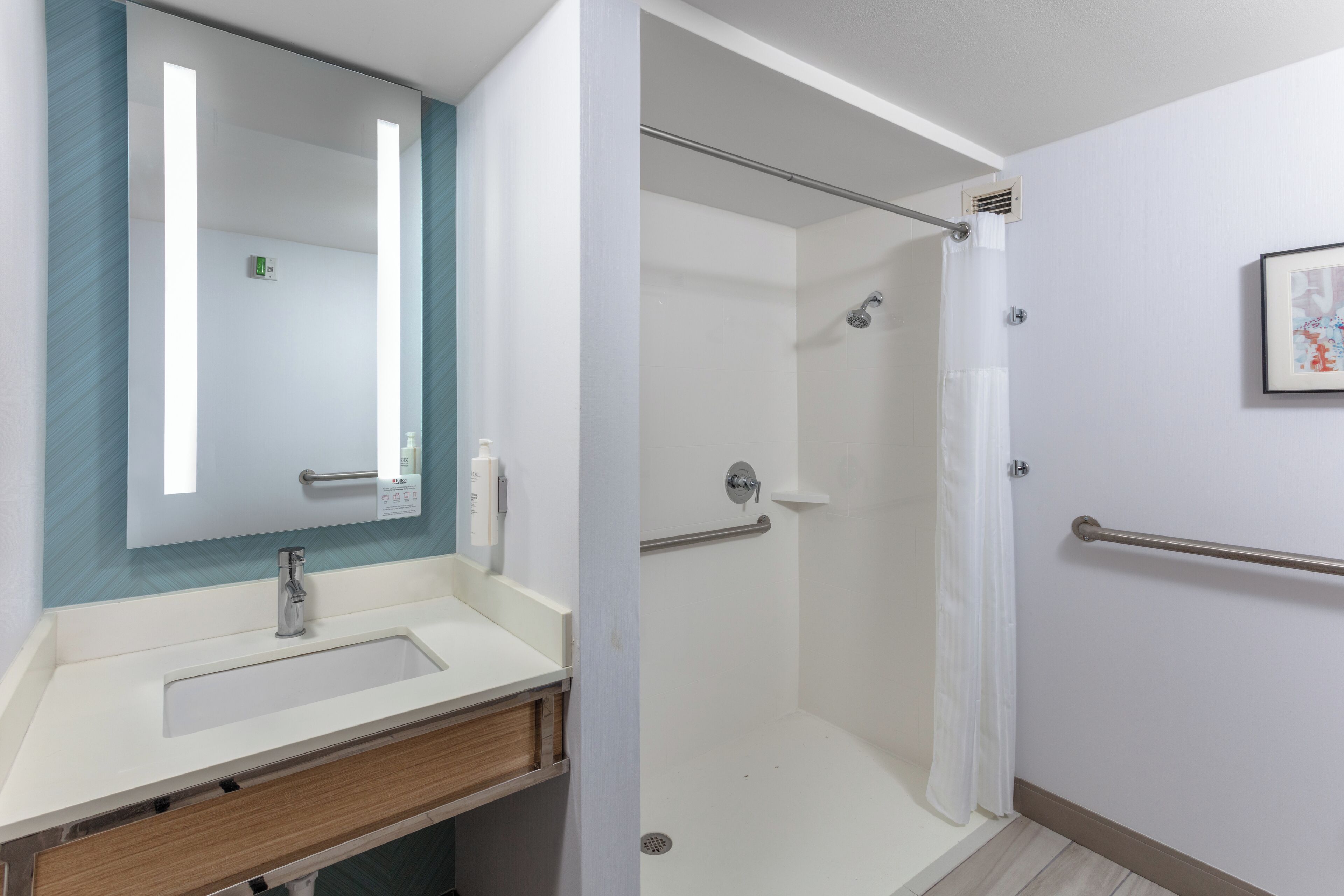 A modern bathroom with a sink, mirror, shower, and handrails.