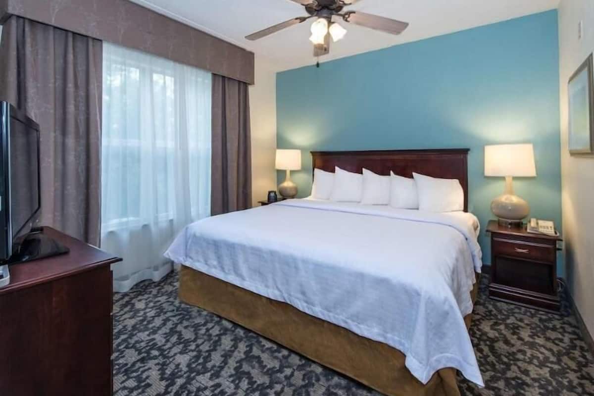 A hotel room with a large bed, a ceiling fan, a TV, and a nightstand with a lamp.