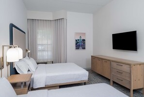 Desk, laptop workspace, blackout drapes, iron/ironing board