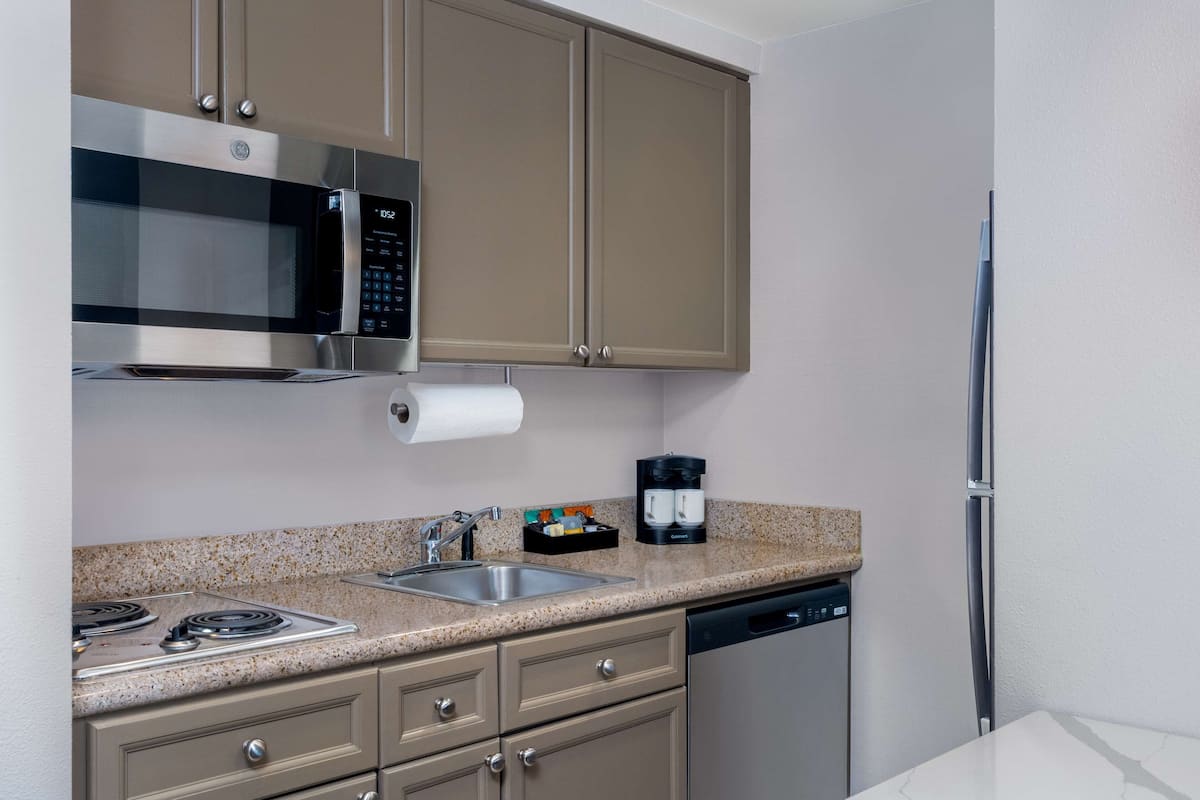 full-sized fridge, microwave, stovetop, dishwasher