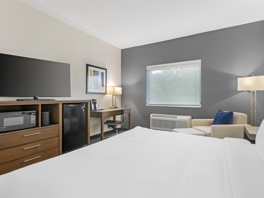 A hotel room with a bed, a desk with a chair, a microwave, a refrigerator, a TV, a window, and a lamp.