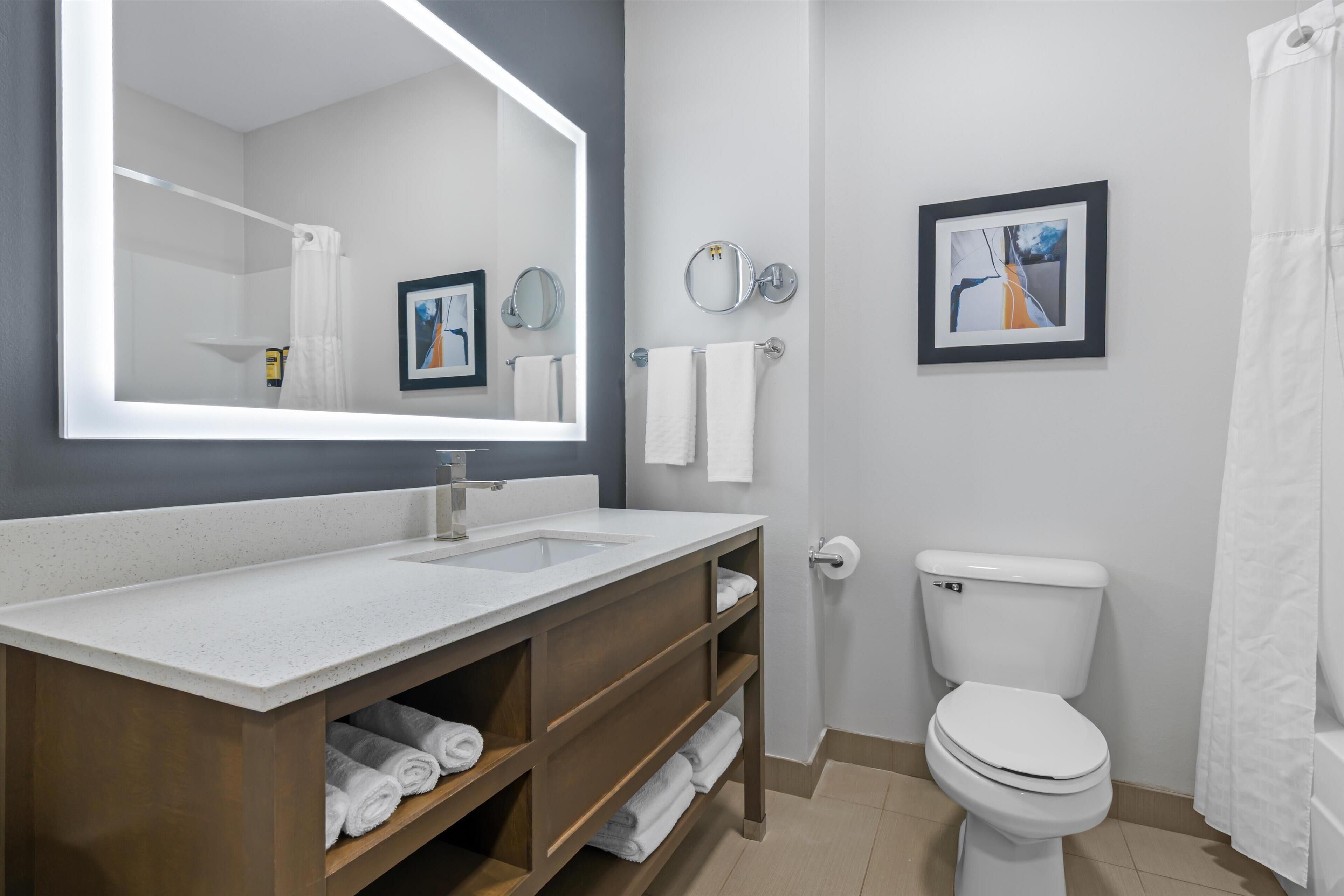 standard room, 1 king bed, non smoking, refrigerator & microwave | bathroom | free toiletries, hair dryer, towels, soap