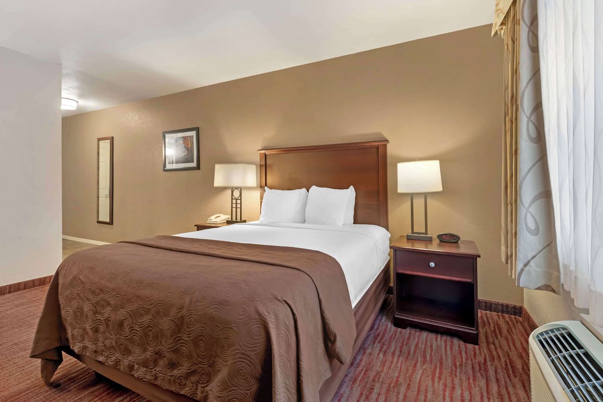 A hotel room with a large bed, two bedside tables with lamps, a nightstand, a wall-mounted telephone, and a window with curtains.