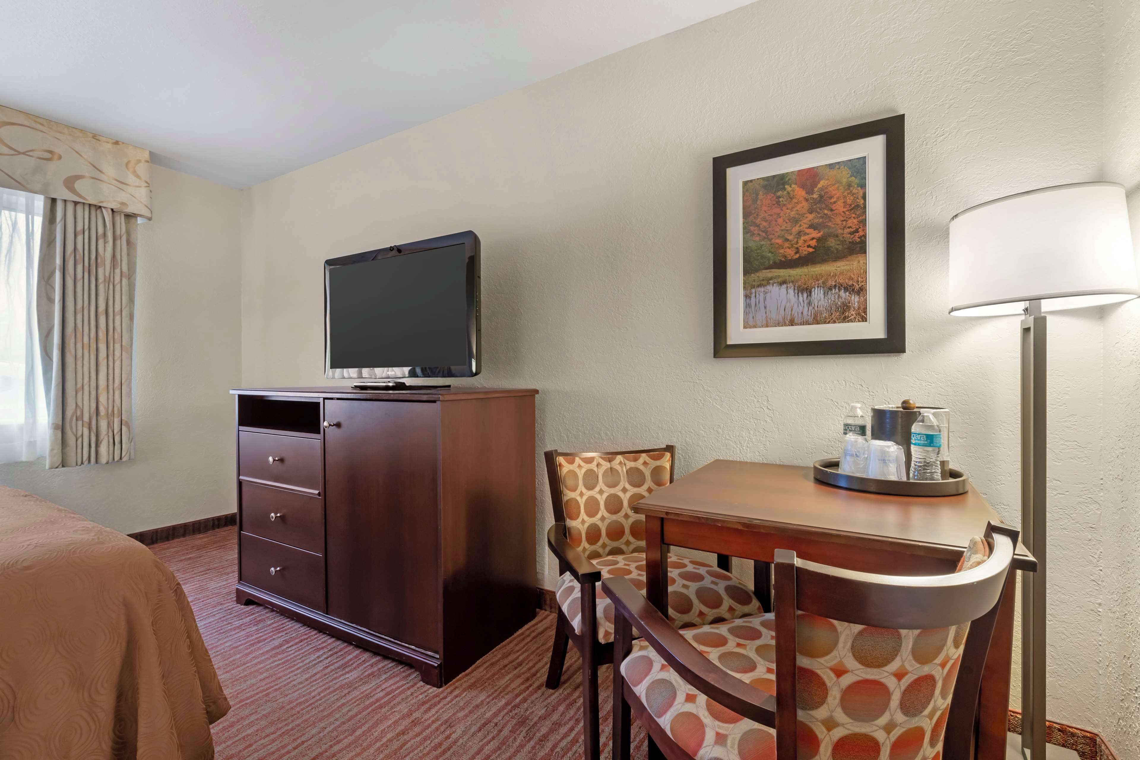 Una habitación de hotel con cama, escritorio y silla, televisión sobre una cómoda, un cuadro en la pared y una lámpara.