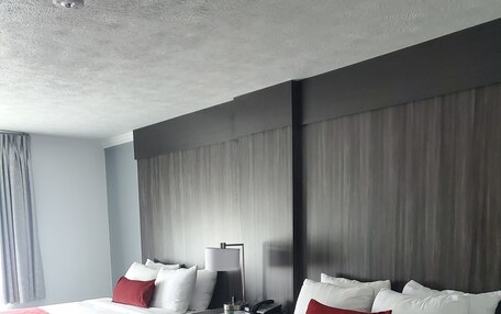 A hotel room with two beds, a nightstand, a lamp, and a ceiling light.