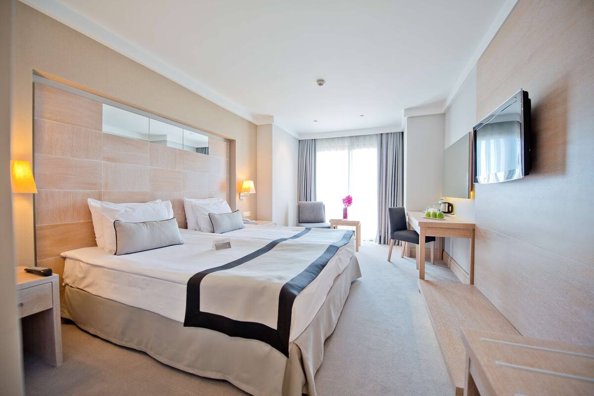 Una habitación de hotel con una cama grande, un escritorio, una silla, un televisor y una ventana con cortinas.