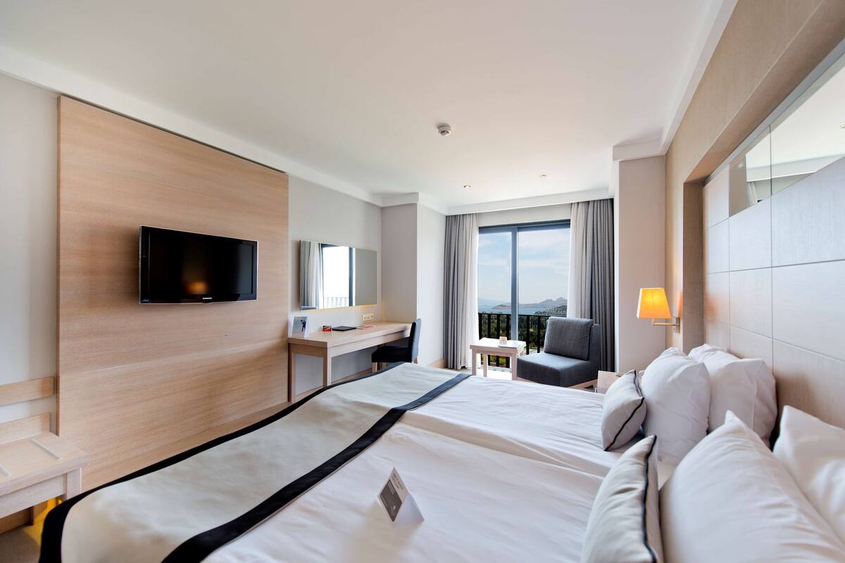 Habitación de hotel con una cama grande, un escritorio, un televisor, un balcón con vistas y una lámpara.