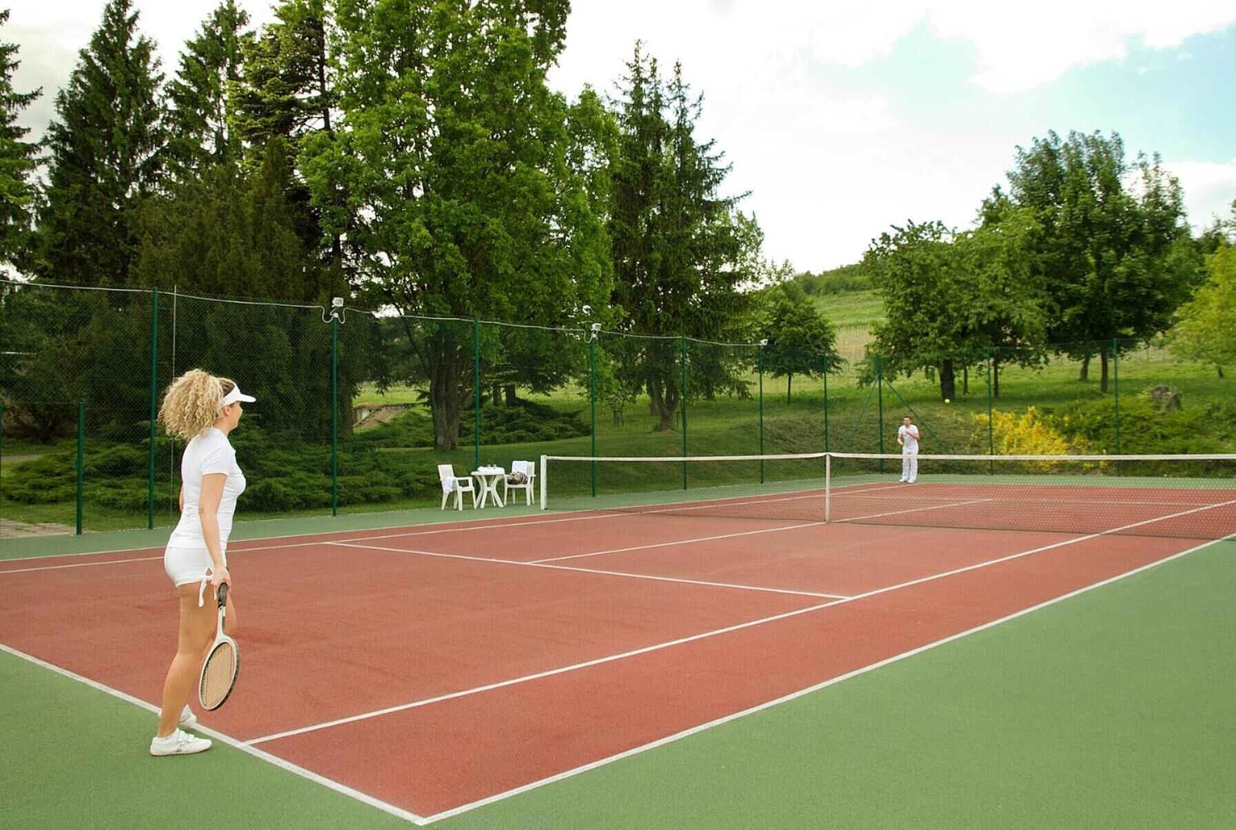 A tennis court with a net, surrounded by trees and a grassy area.