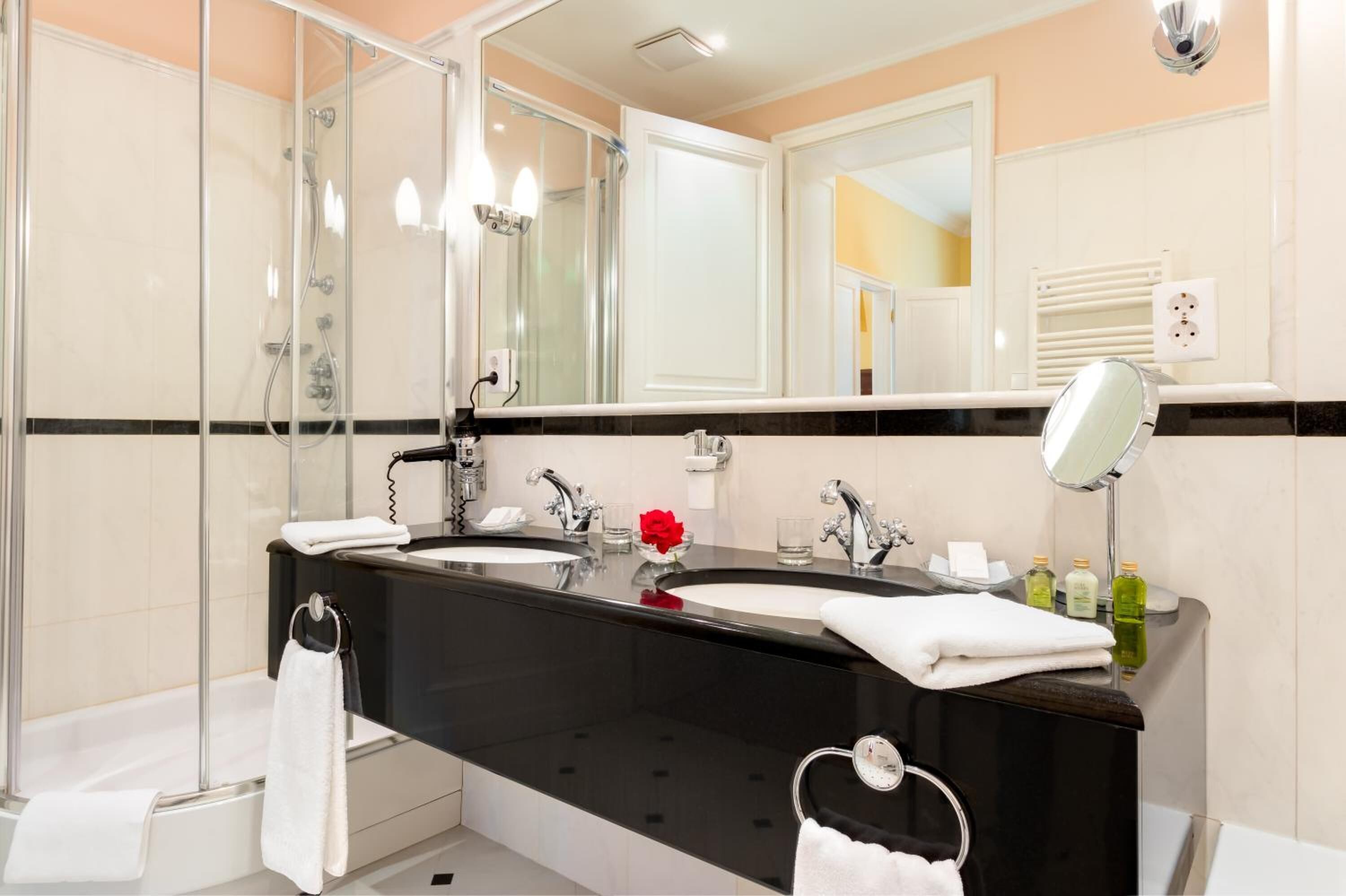 free toiletries, hair dryer, bathrobes, slippers