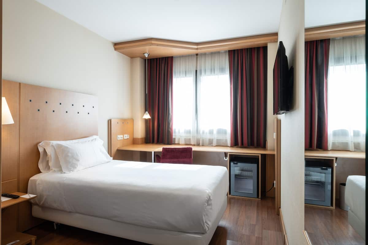 Une chambre d’hôtel avec un lit, un bureau et une télévision.