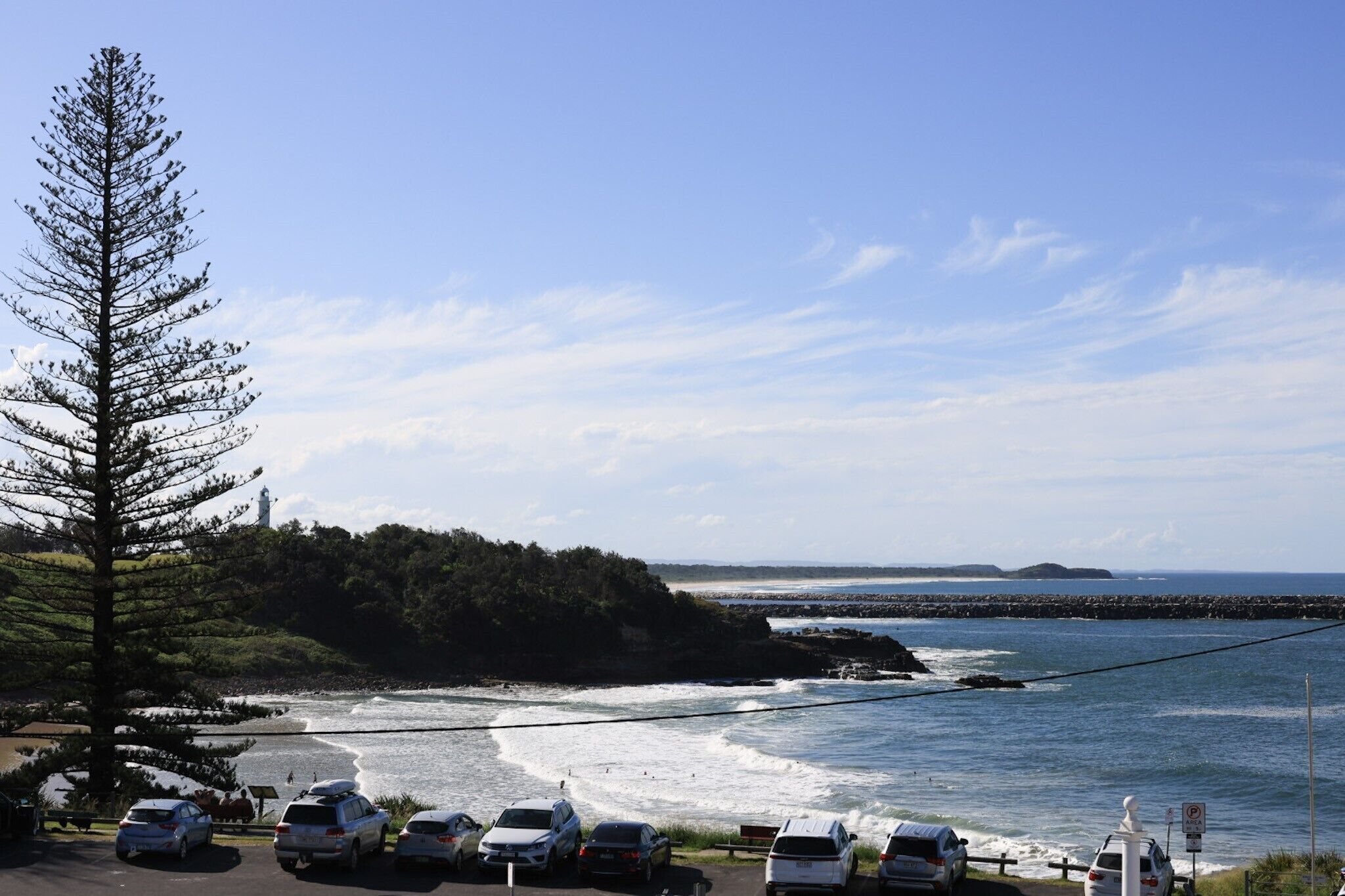 Un espace de stationnement situé sur la côte, avec des véhicules, un grand arbre et une vue sur la mer et la terre au loin.