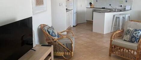 A compact living space with a TV, two wicker chairs, a small table, and a kitchenette in the background.