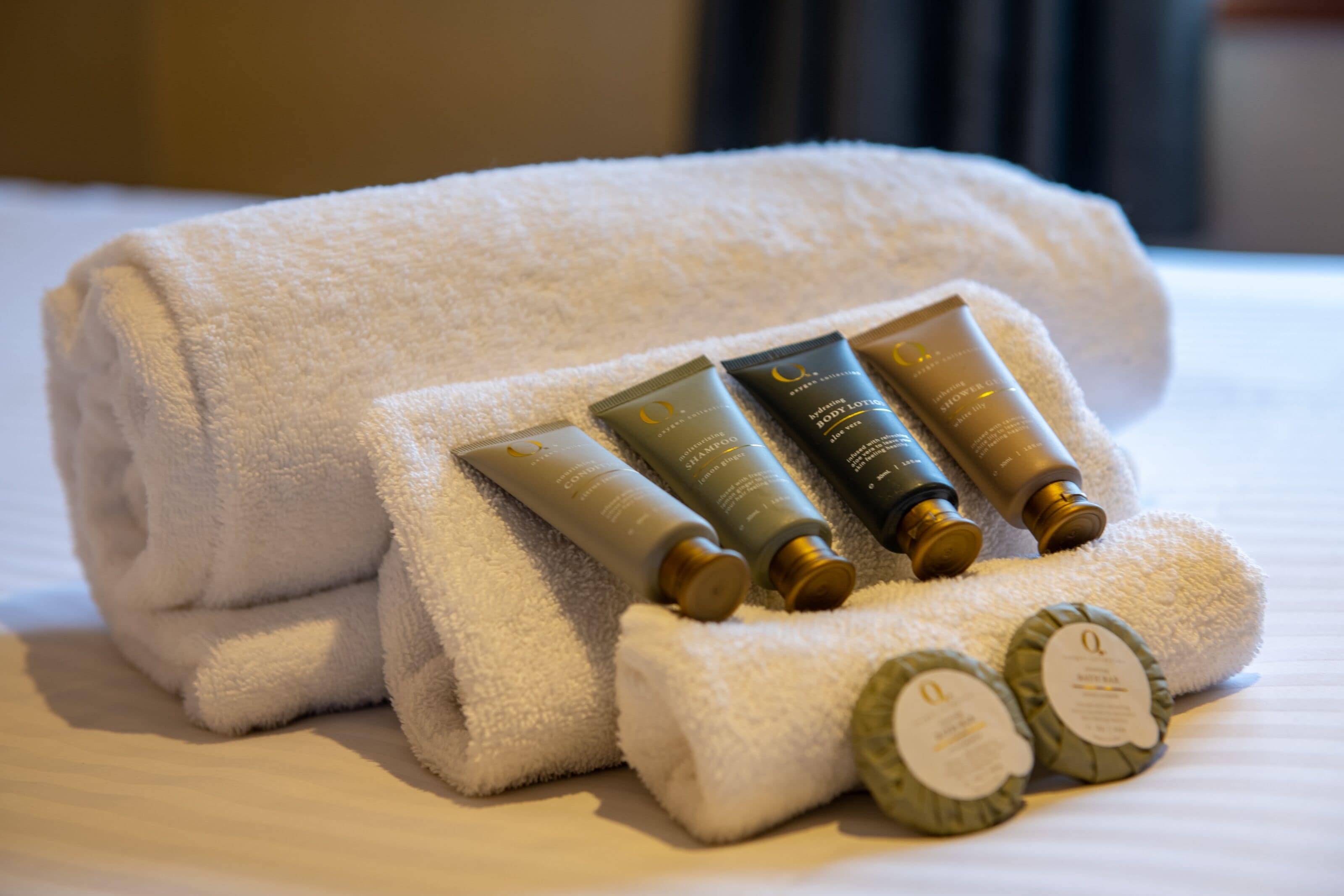 free toiletries, hair dryer, towels, soap