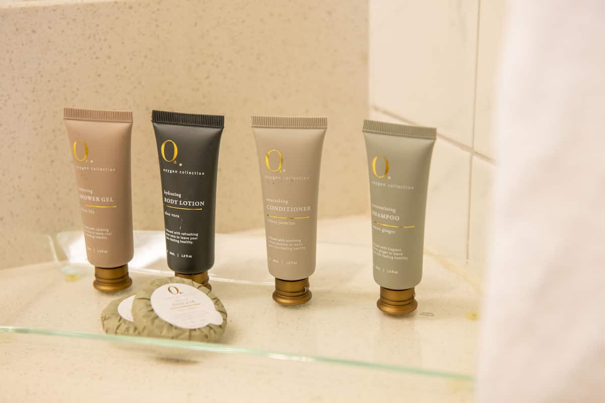 free toiletries, hair dryer, towels, soap