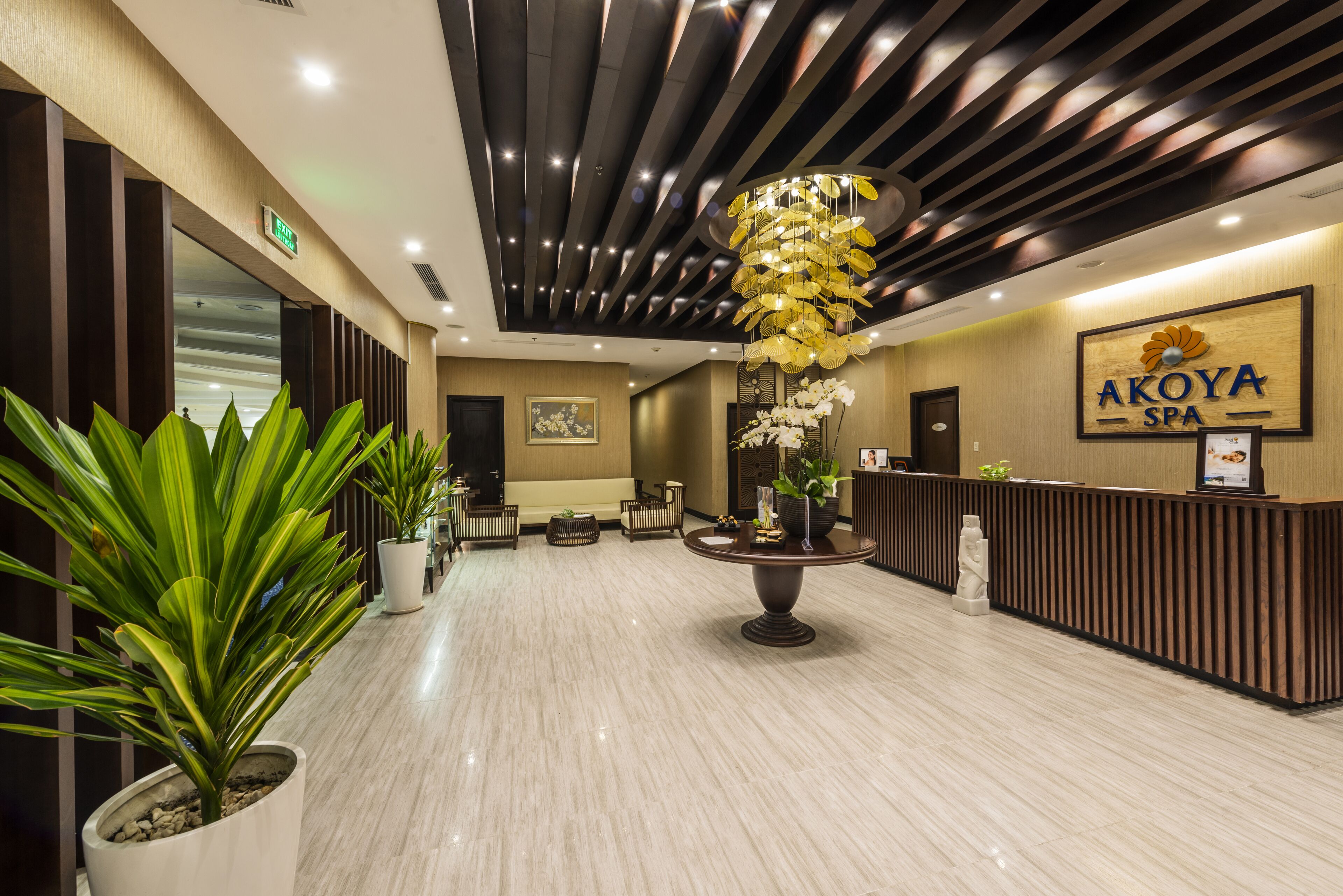 Un área de recepción moderna con un mostrador, plantas en macetas y una lámpara decorativa.