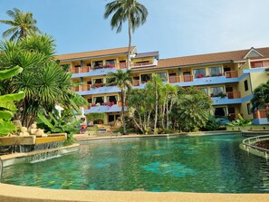 Outdoor pool, pool umbrellas, pool loungers