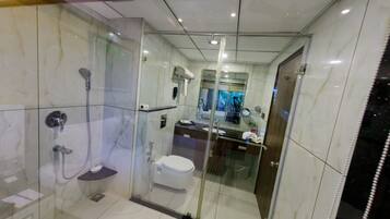 Un baño moderno con ducha envuelta en vidrio, inodoro y lavamanos.