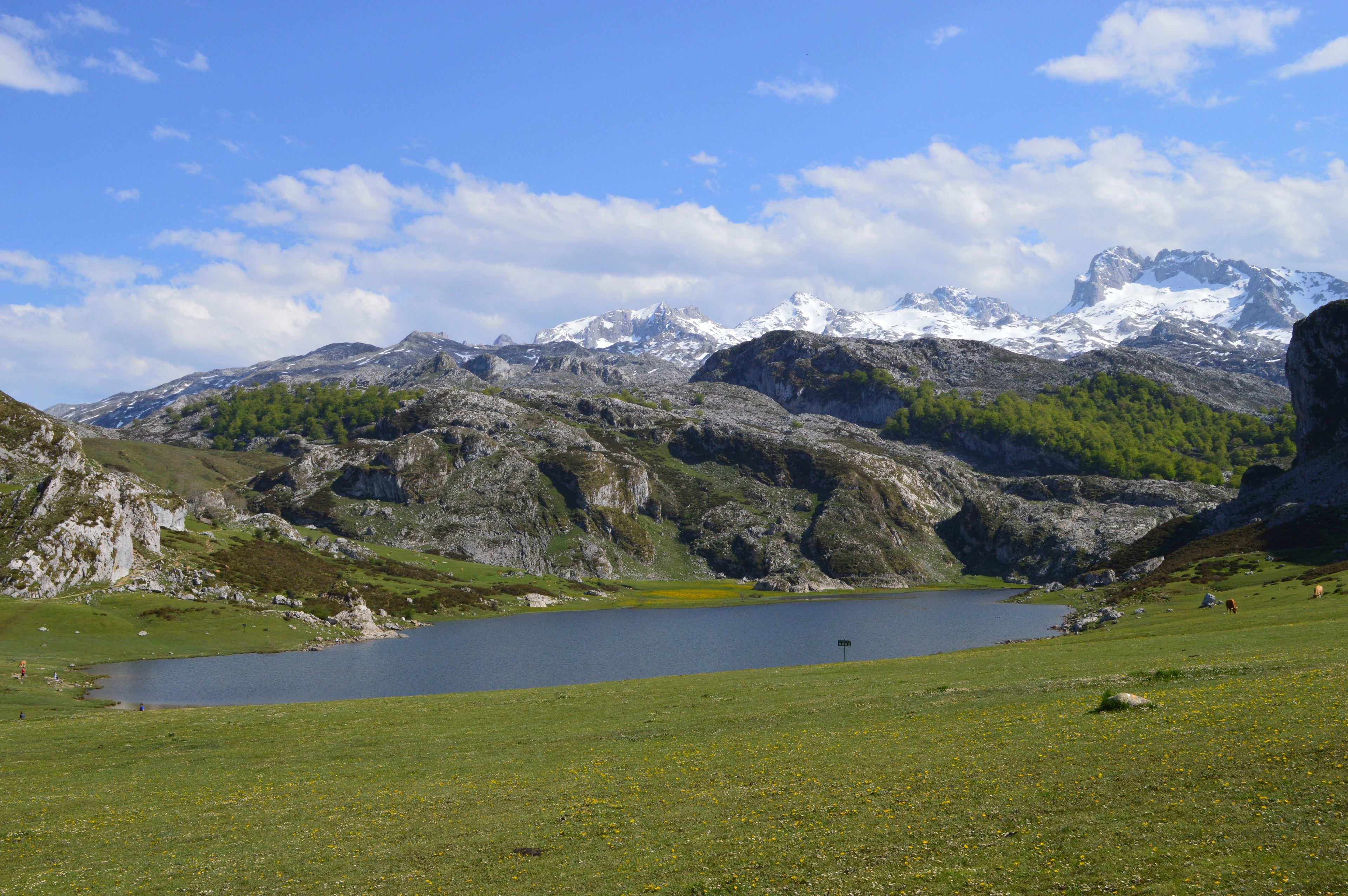 Un paisaje montañoso con un lago y un cielo despejado.