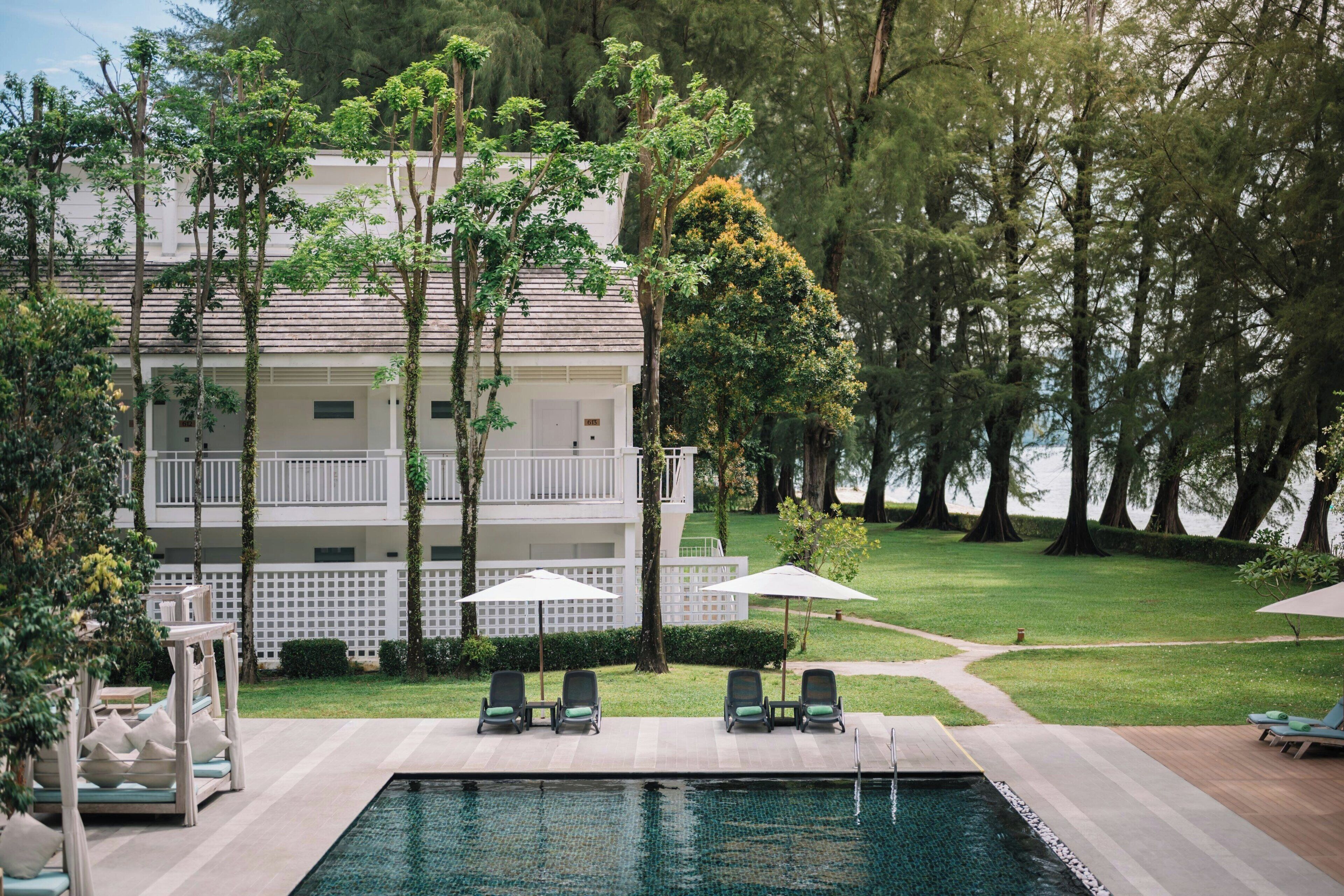 Outdoor pool, pool umbrellas, pool loungers