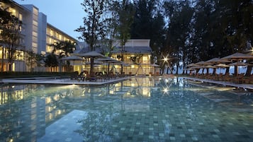 Outdoor pool, pool umbrellas, pool loungers