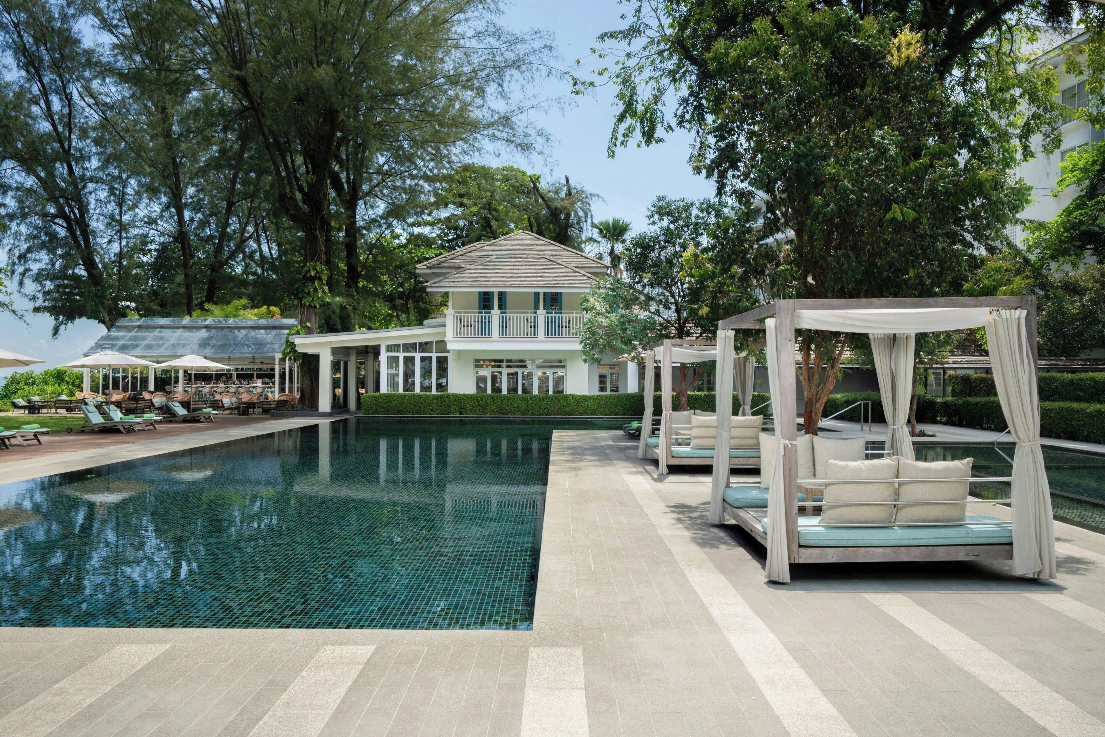 Outdoor pool, pool umbrellas, pool loungers