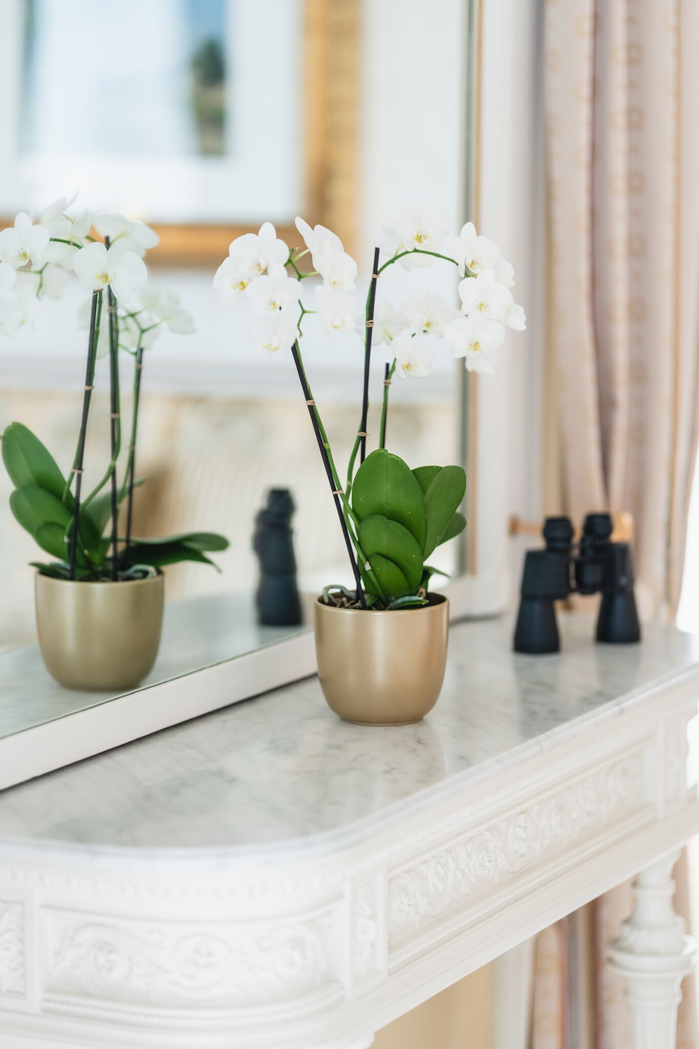 A marble fireplace with two gold pots containing white orchids.