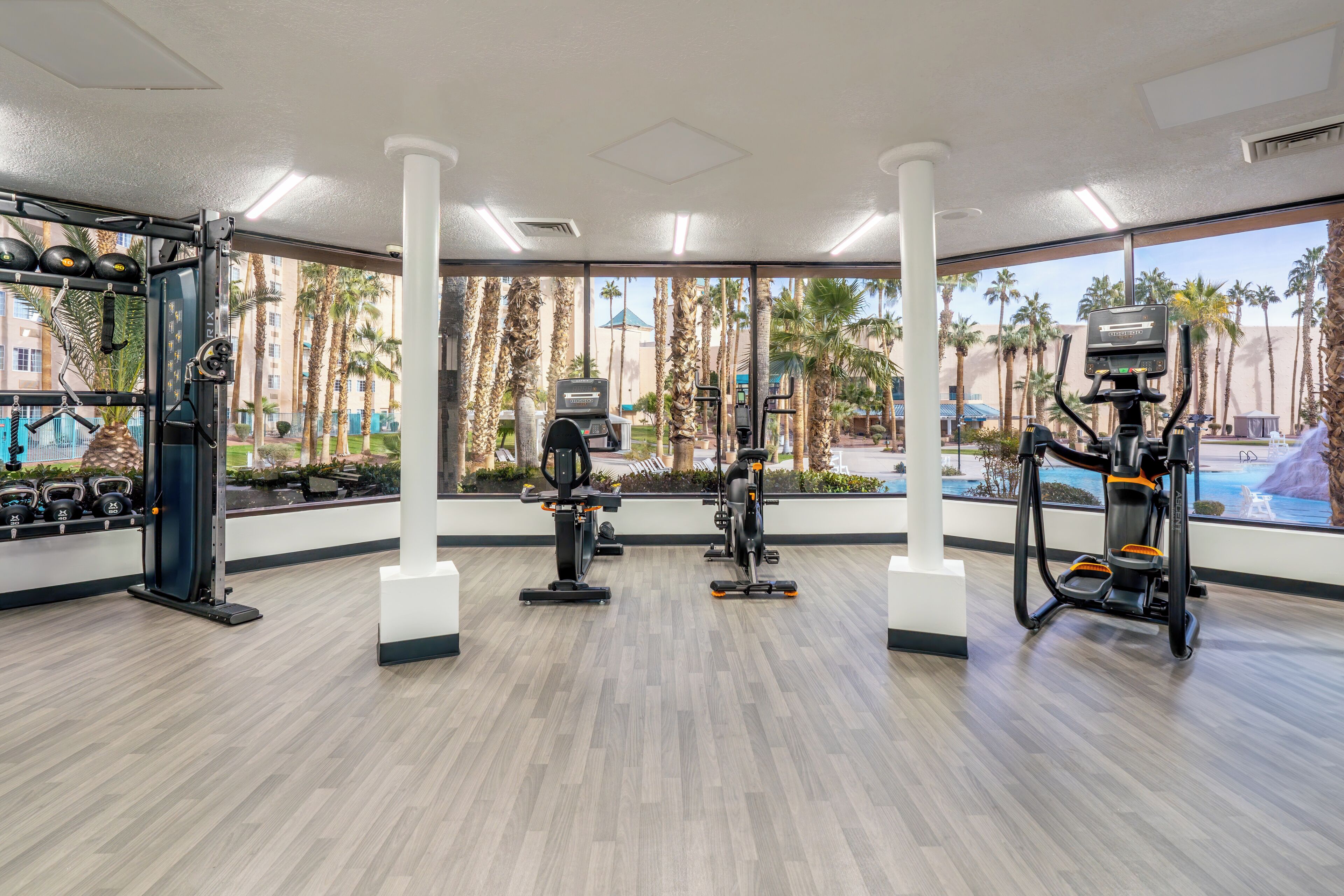 A gym with various exercise equipment, large windows with a view of palm trees and buildings, and a wooden floor.