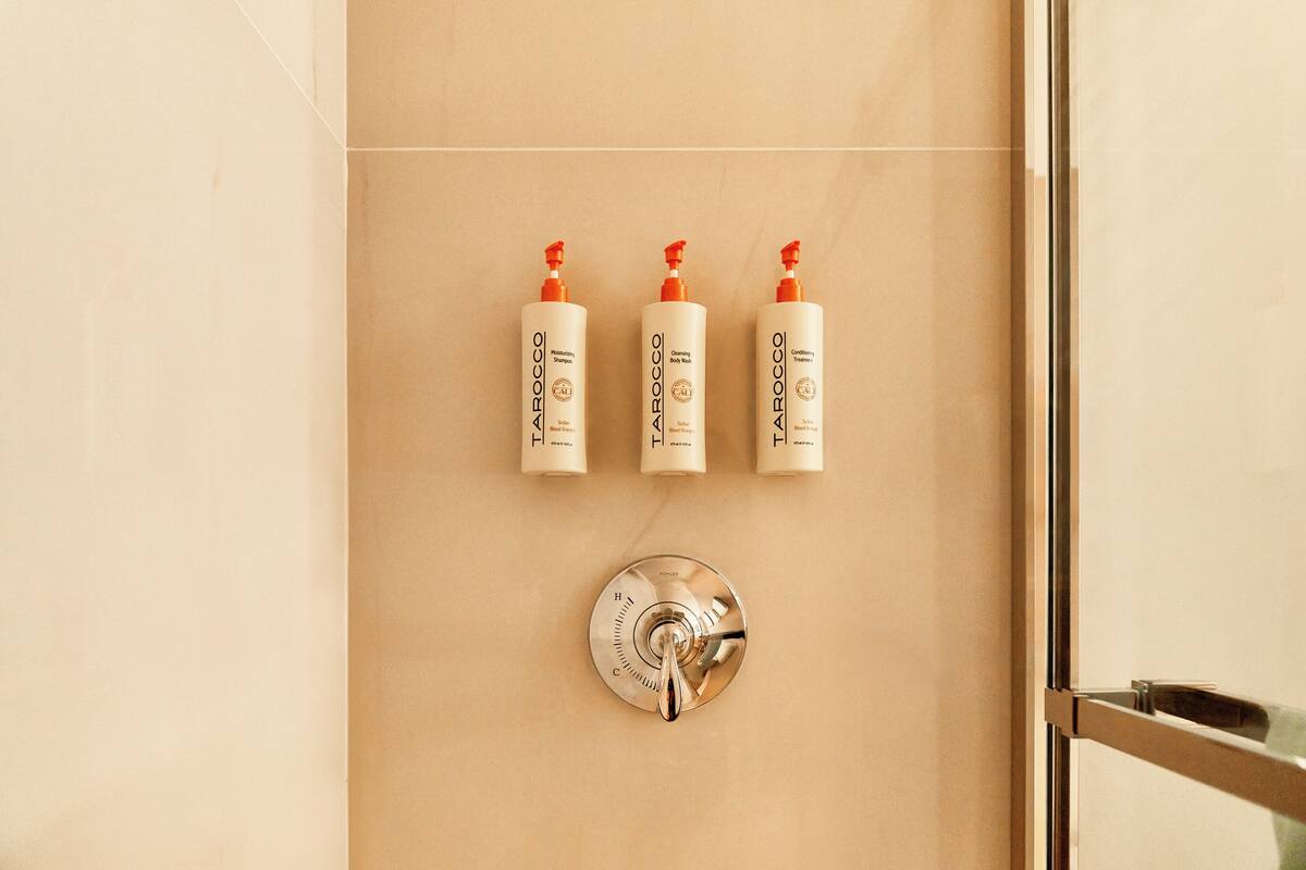 shower, free toiletries, hair dryer, towels