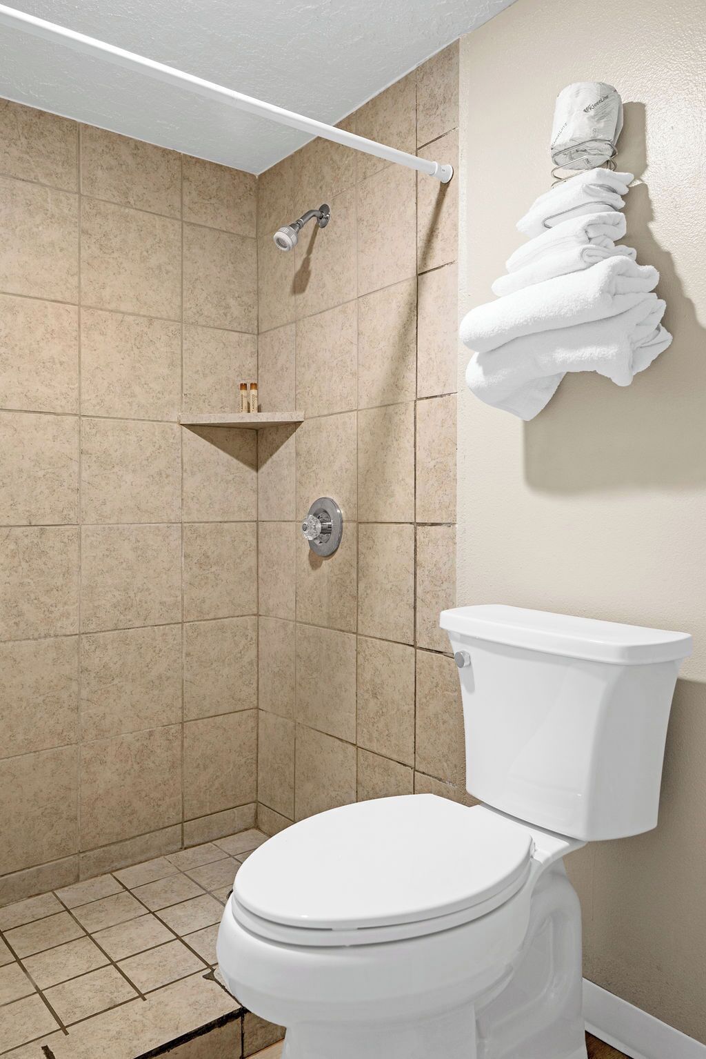 A bathroom with a shower, toilet, and a towel rack.
