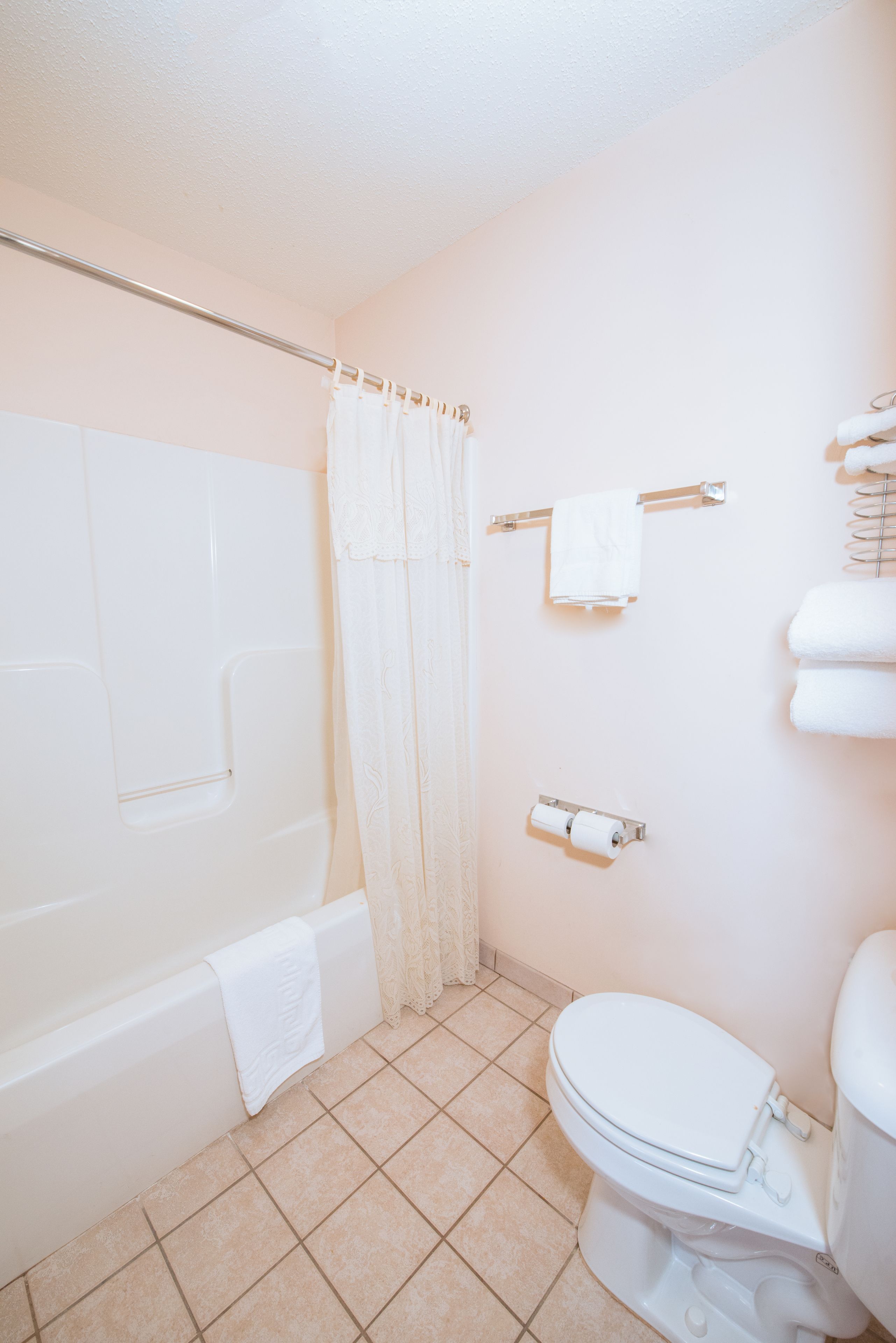 A bathroom with a bathtub, toilet, and a shower curtain.