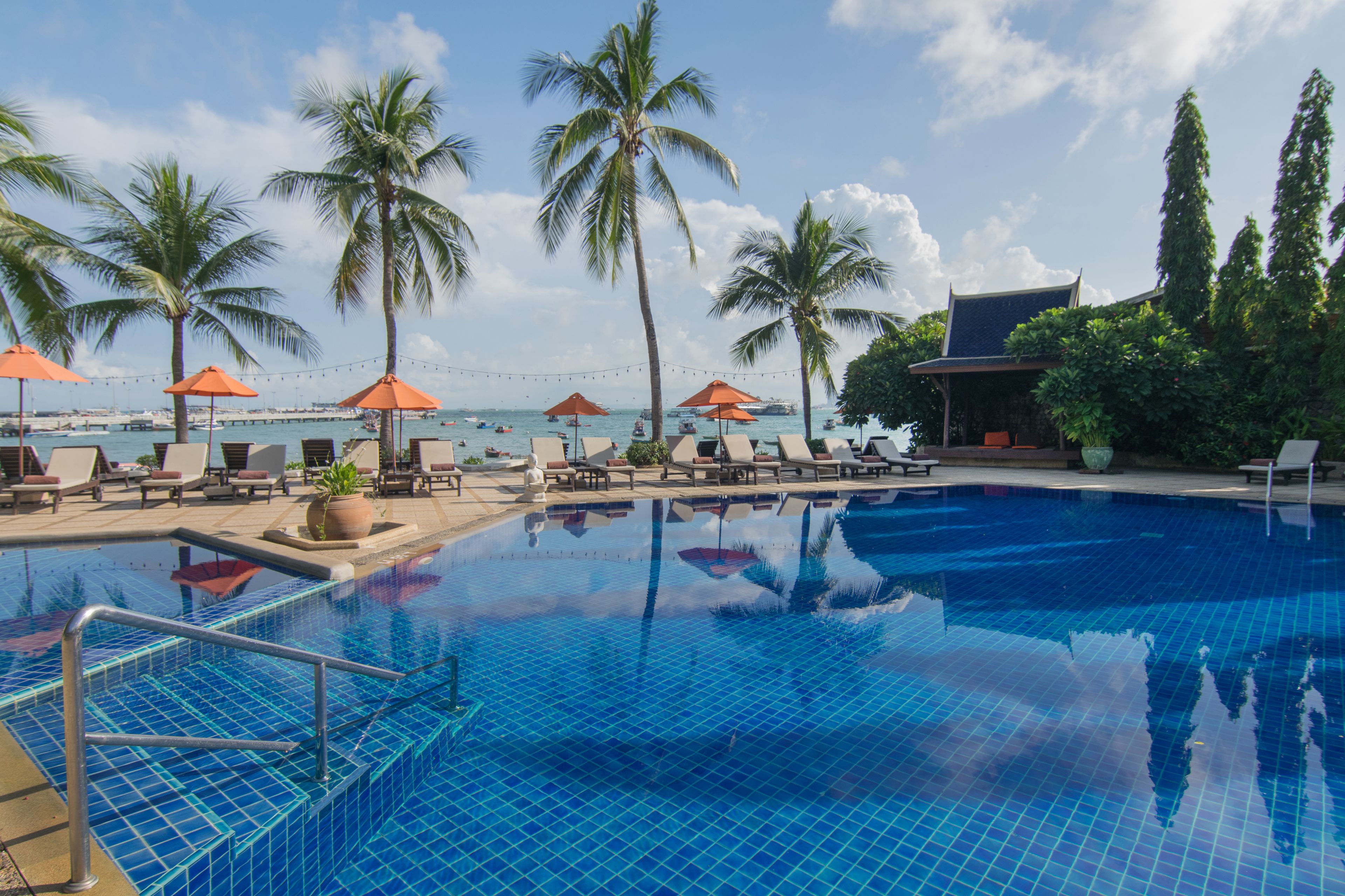A pool area with lounge chairs and umbrellas, palm trees, and a view of the ocean.