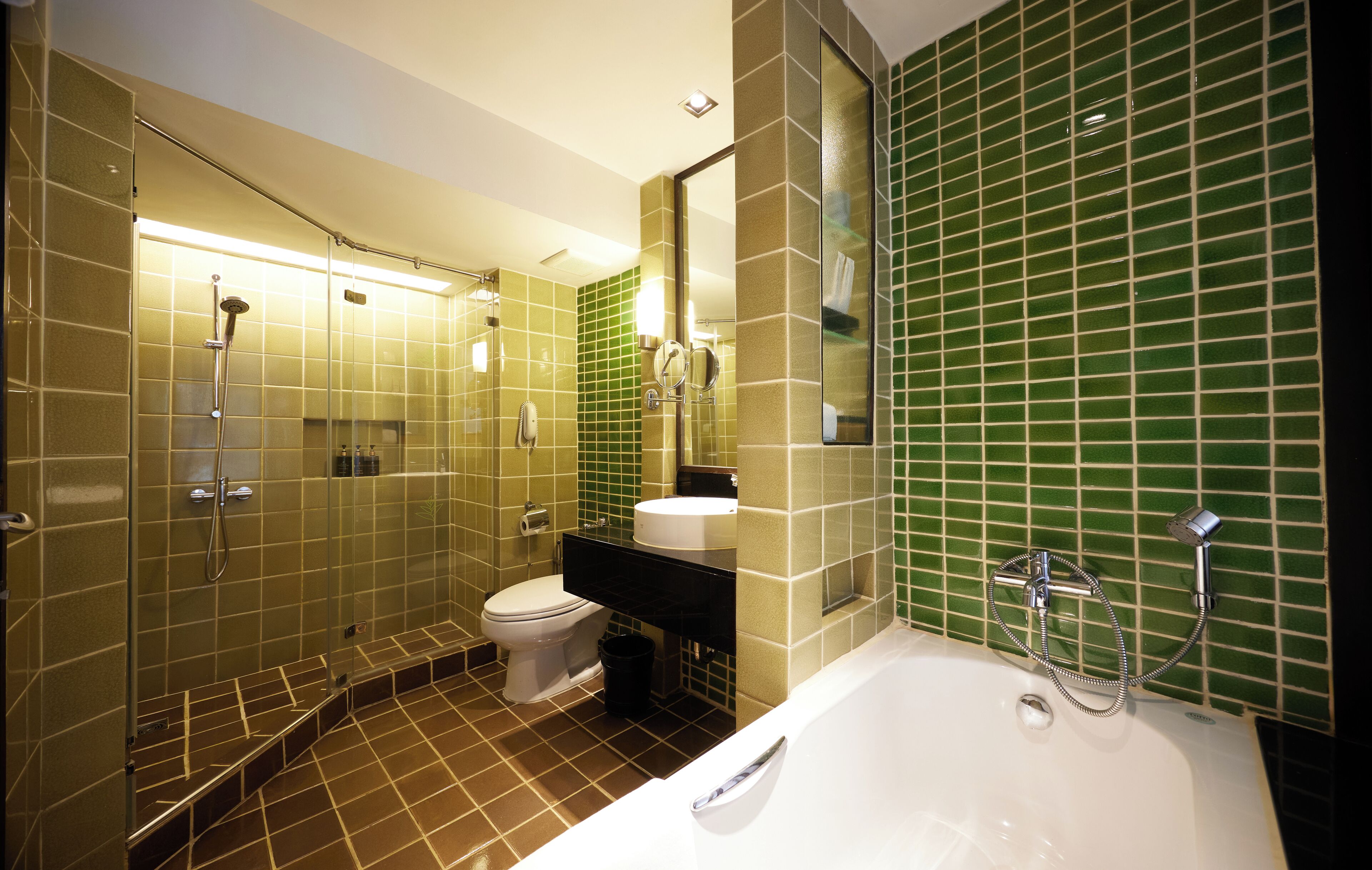 Un baño con ducha, inodoro, lavabo y bañera.