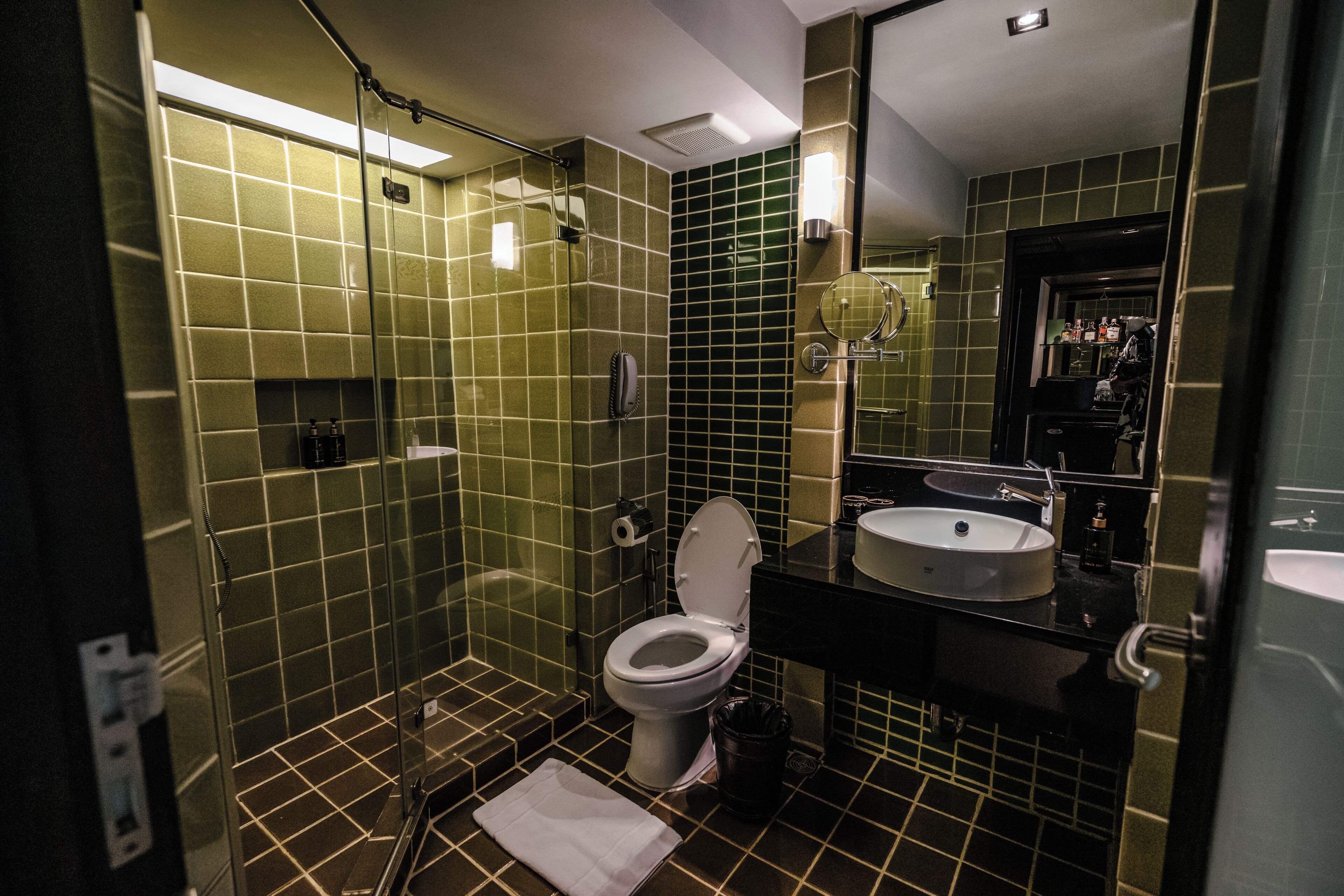 Separate tub and shower, rainfall showerhead, free toiletries