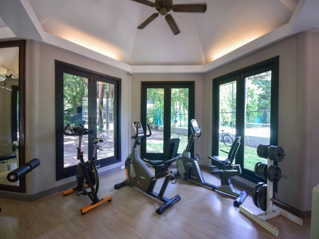 A gym with cardio machines, free weights, and large windows.