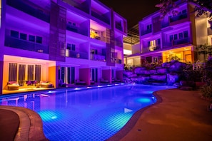 Outdoor pool, pool umbrellas, pool loungers