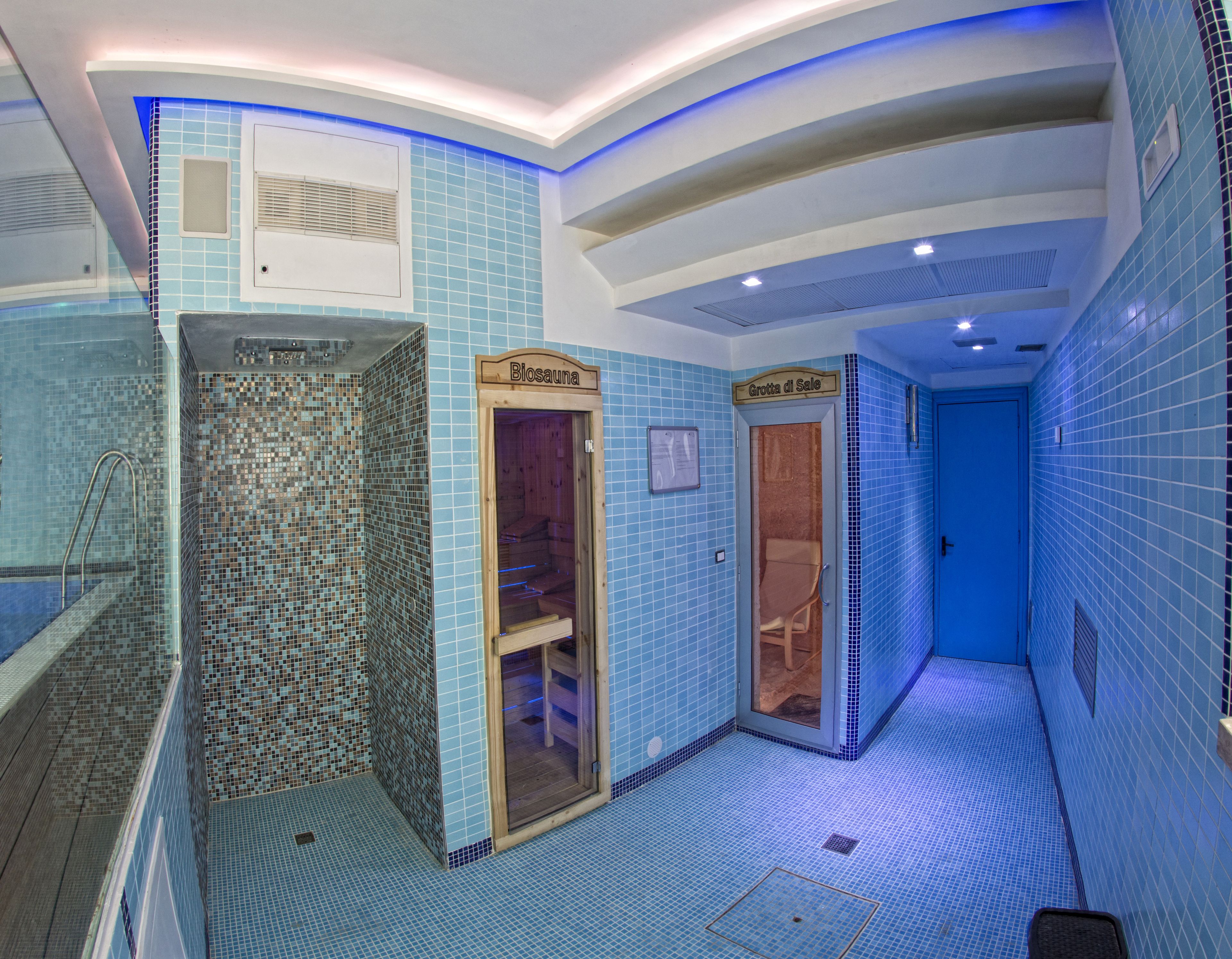 Un baño revestido en azul con ducha, sauna y retrete.
