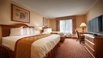 Pillow-top beds, desk, laptop workspace, iron/ironing board