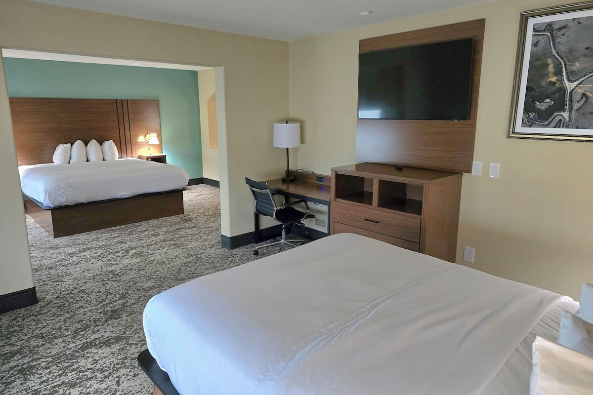 Una habitación de hotel con una cama grande, un escritorio con una silla, un televisor montado en la pared y un cuadro sobre el escritorio.