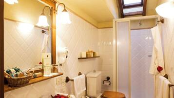 Baño con lavamanos, inodoro y zona de ducha.